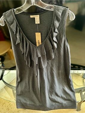 Dkny Black and White Striped Ruffle Neck Camisole